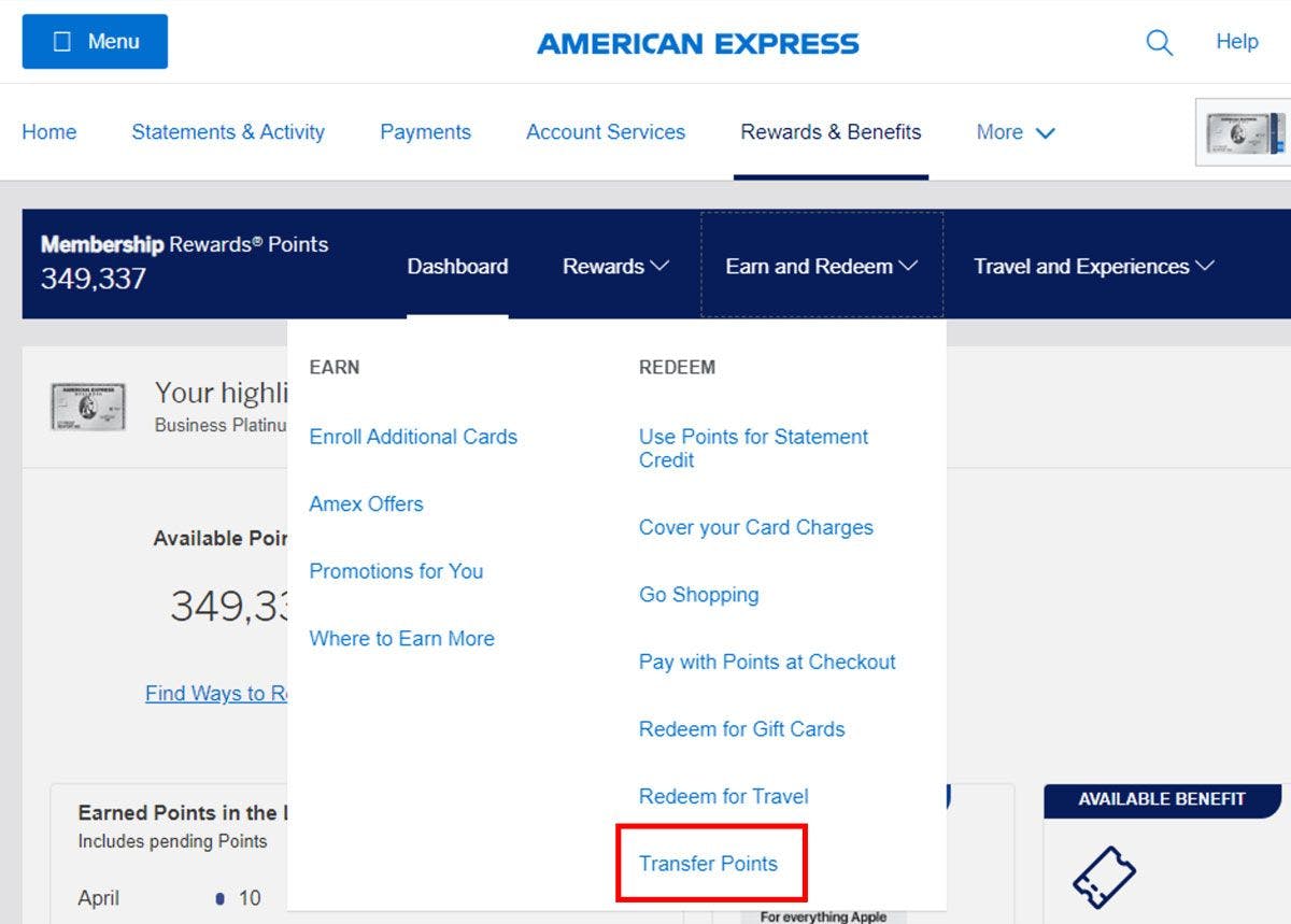 A screenshot of the American Express website demonstrating how to transfer points.