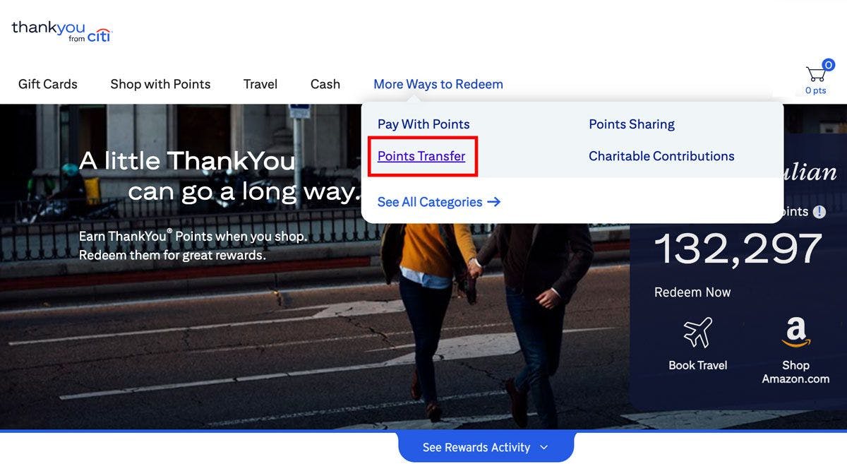 A screenshot of the Citi website demonstrating how to transfer points.