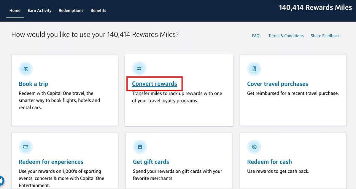 A screenshot of the Capital One website demonstrating how to transfer points.