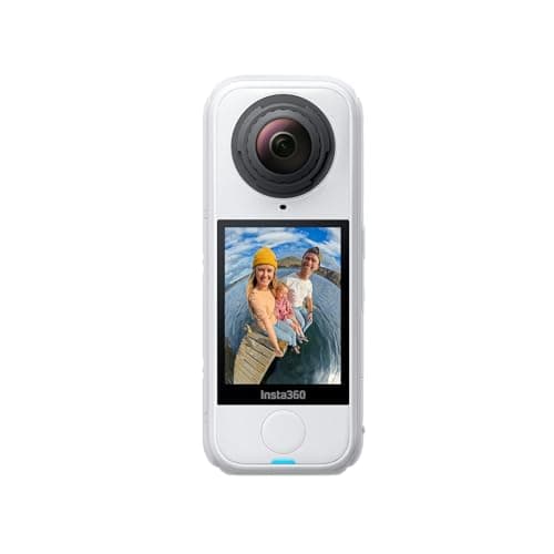 The Insta360 camera with the screen showing a photo of a family sitting by a lake