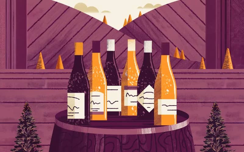 A stylized illustration of five wine bottles arranged on a wooden barrel in front of a mountain landscape with evergreen trees.
