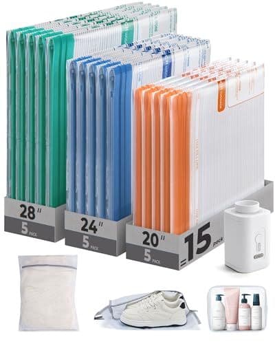 BAGSMART compression bags in 28, 24, and 20-inch sizes standing upright next to a pump