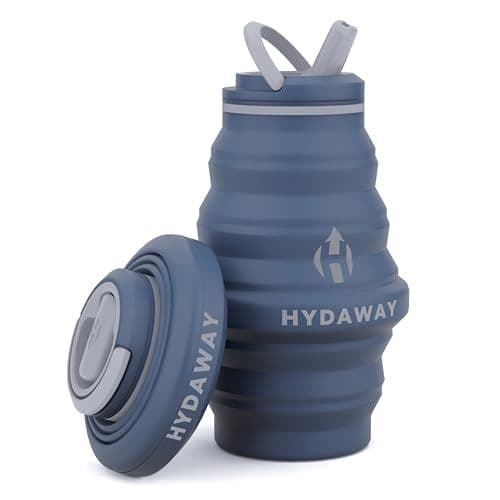 A collapsible Hydaway water bottle with detached lid.