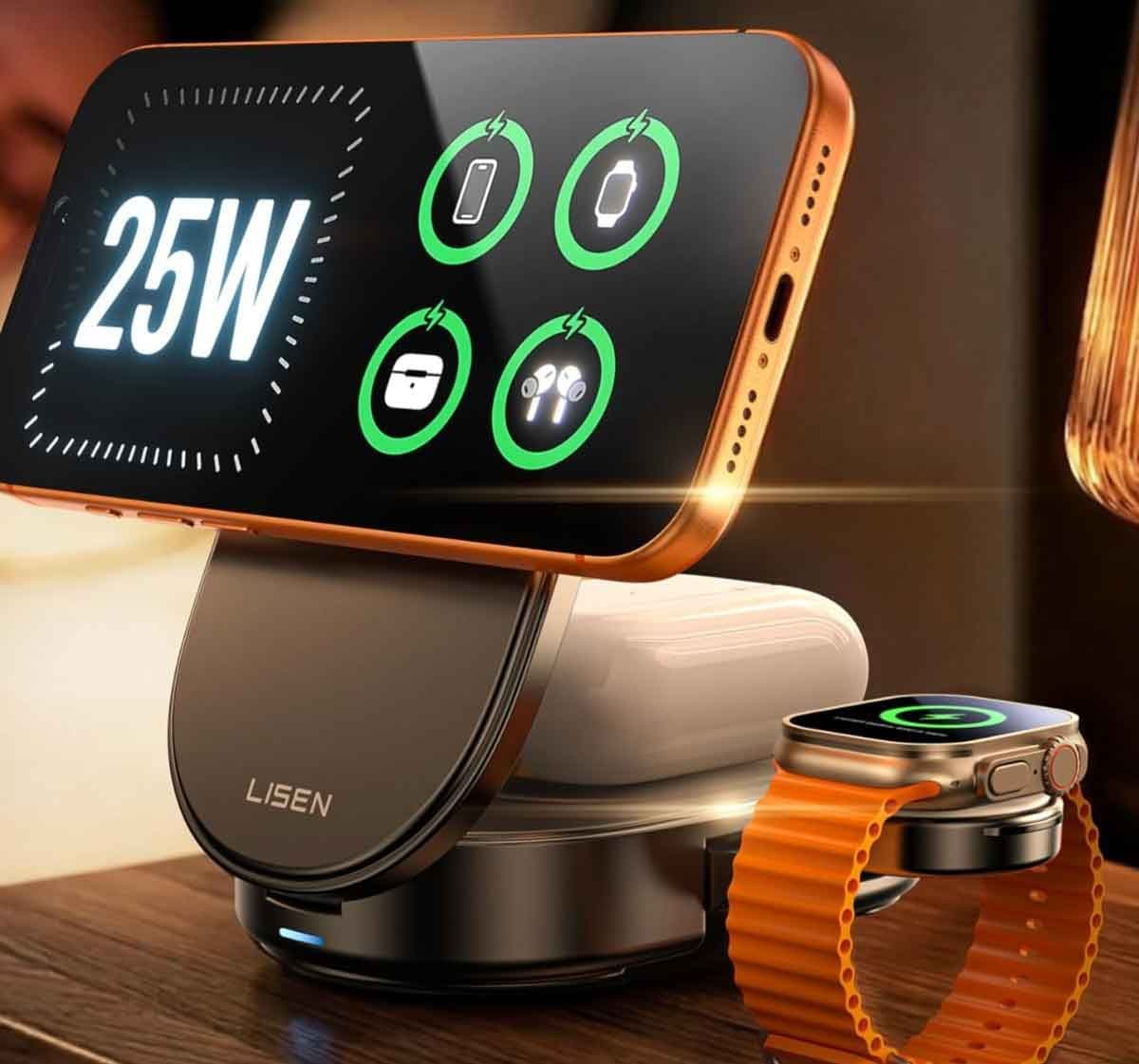 The LISEN 25W 3-in-1 Charging Station on a hotel bedside table