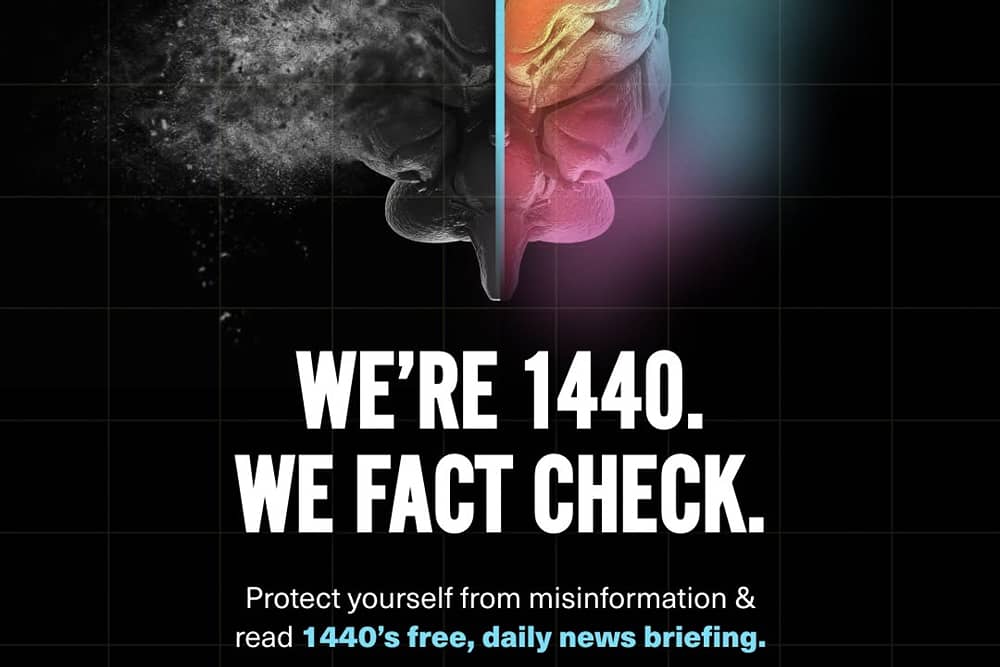 1440 newsletter ad featuring a split brain illustration — one half crumbling grayscale, one half vivid color — with the tagline "We're 1440. We fact check."