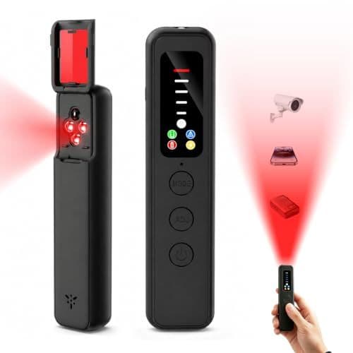 Handheld black hidden camera detector with red LED lens and mode buttons, shown scanning for concealed cameras.