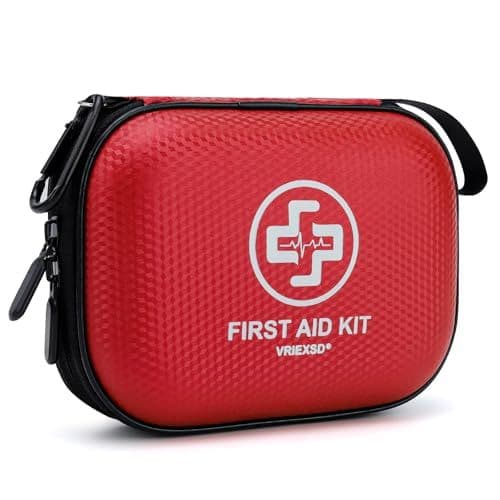 Red first aid kit in a hard case with VRIEXSD printed in white on the front