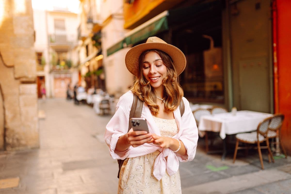 Young woman in a sun hat walks down a sunlit European street holding her phone, with outdoor café seating and stone buildings in the background.