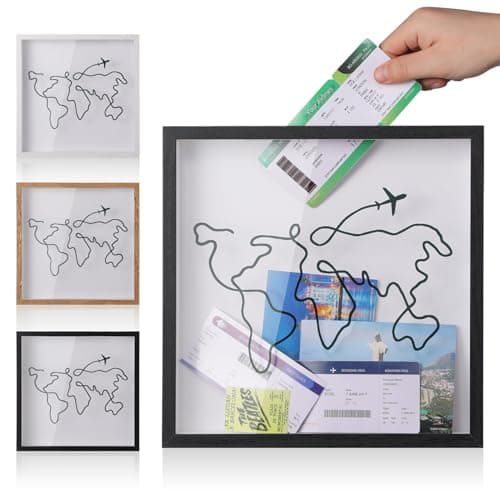 World map shadow box frame for storing travel tickets and mementos, shown in four color options.