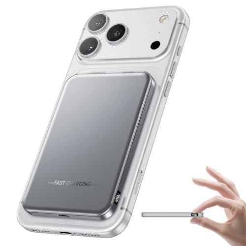 Slim Aobbow magnetic power bank attached to the back of an iPhon