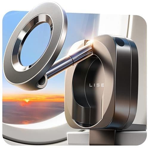 LISEN magnetic phone mount attached to an airplane tray table, with a sunset view visible through the window.