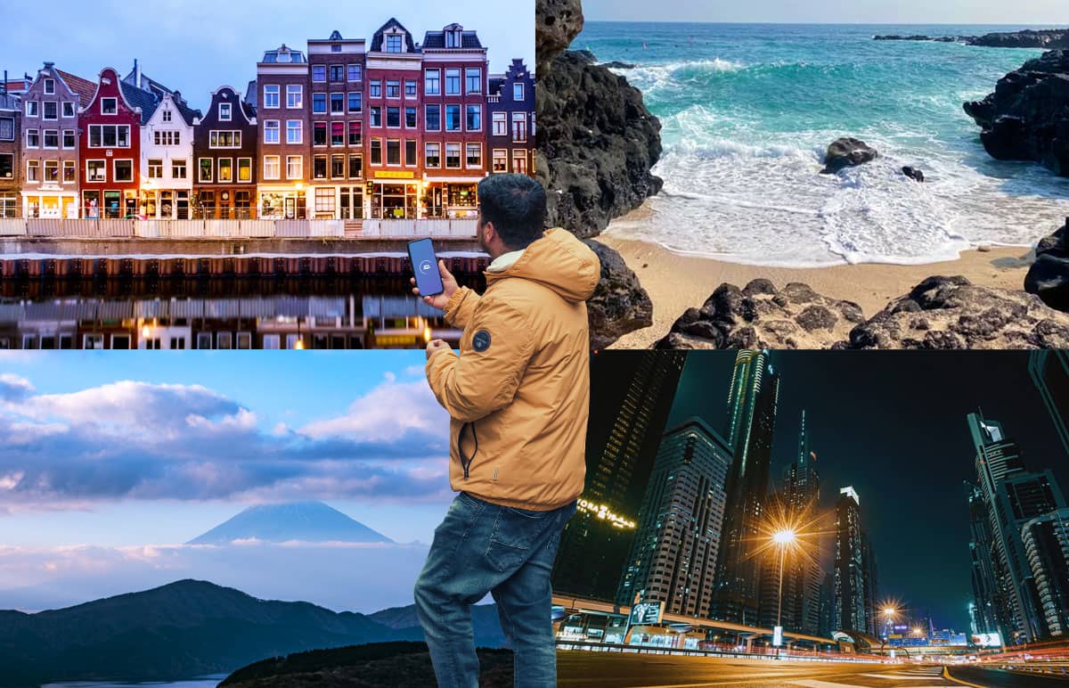 A man holding a smartphone is overlayed on a collage of world destinations including Mt. Fuji, Amsterdam, Dubai, and a beach.