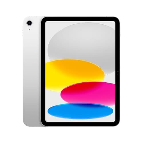 Silver Apple iPad with colorful wallpaper, front and back view