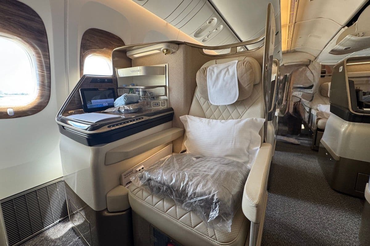 A business-class seat on an Emirates 777 flight, which you can book as a deal with the current Capital One transfer bonus with Qantas.
