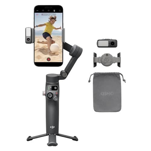 DJI Osmo mobile gimbal stabilizer holding a smartphone, with included accessories (clip mount, magnetic attachment, and carrying pouch) displayed alongside.