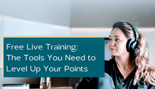 Promotional graphic for a free live training titled 'The Tools You Need to Level Up Your Points,' featuring Julia from Geobreeze Travel wearing headphones seated in a premium-cabin airplane seat.