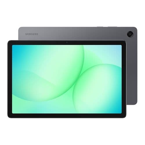 An 11-inch Samsung Galaxy Tab with a green and teal wallpaper visible on-screen.