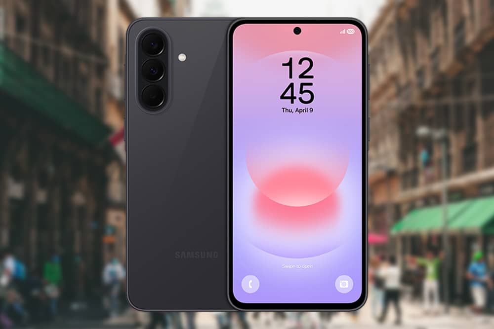 A Samsung Galaxy A37 is show superimposed on a city street that is out of focus.