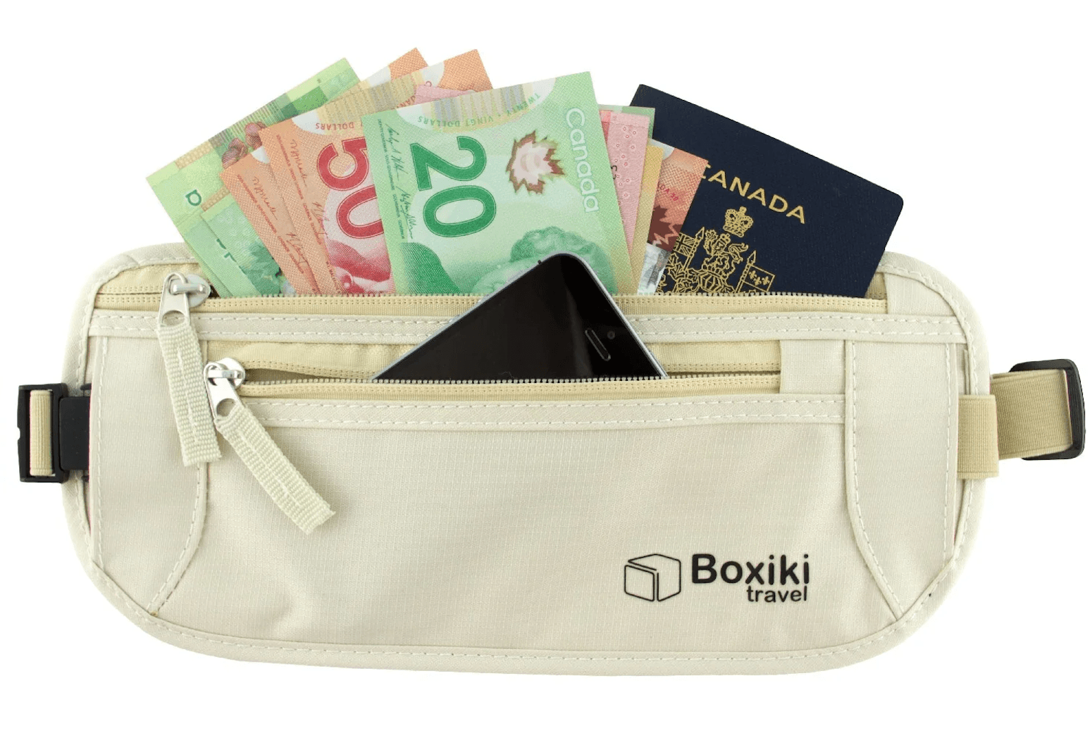 The Boxiki money belt with money and a passport inside