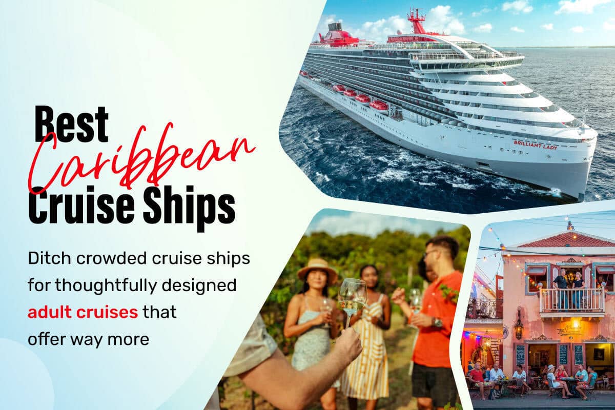 Header image reading "Best Caribbean Cruise Ships" with photos of a cruise ship and adults toasting with wine.