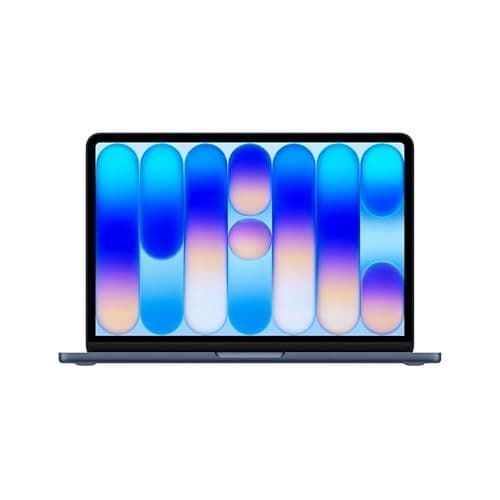 Apple MacBook Neo with abstract blue wallpaper on screen