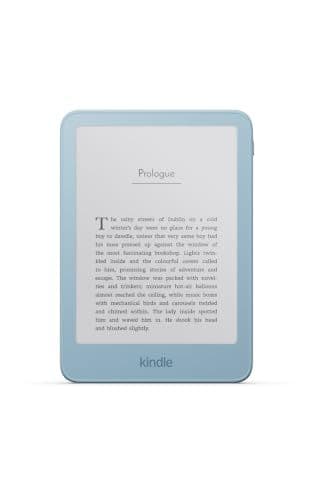 Light blue Kindle e-reader showing the prologue of a book