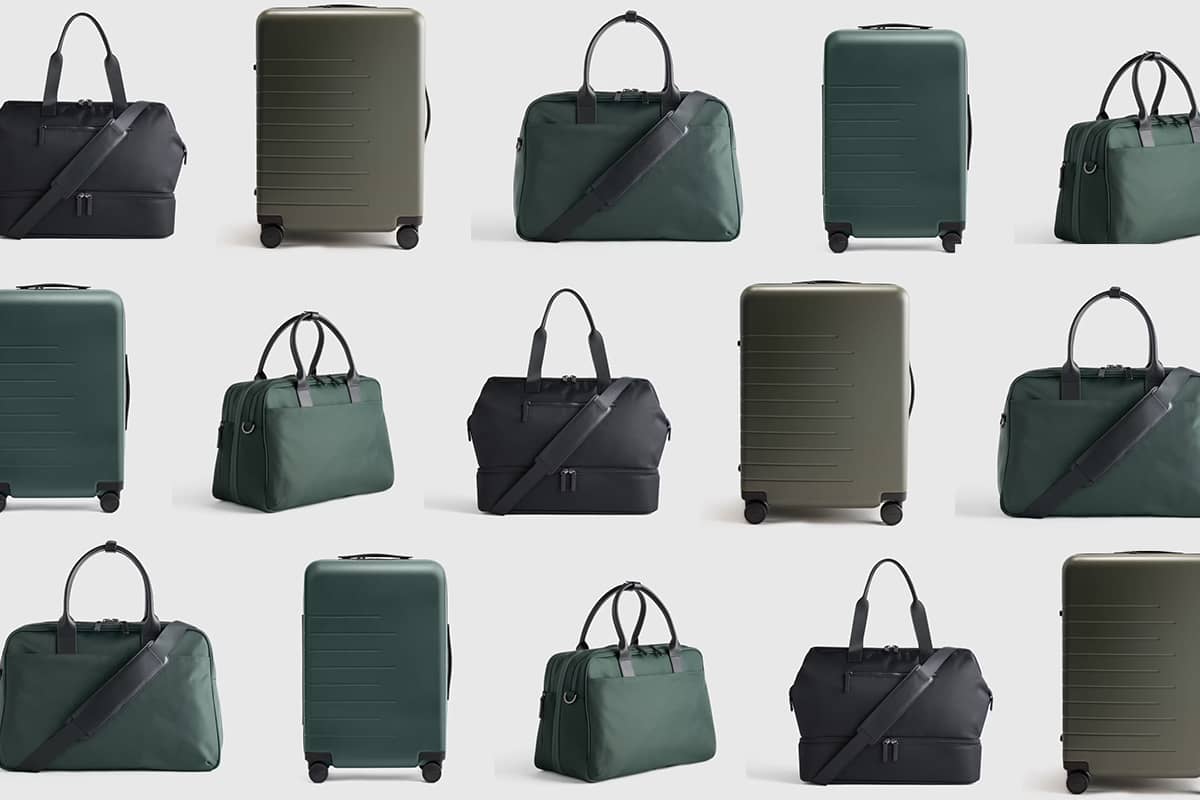 Images of several different types of luggage in blue, green, and black colors.