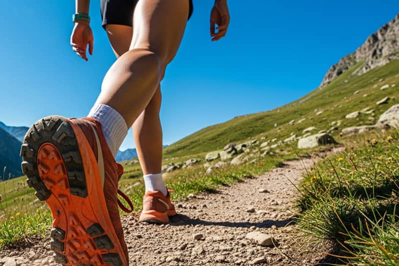Close-up of a hiker's legs and orange trail shoes on a sunny mountain path.
