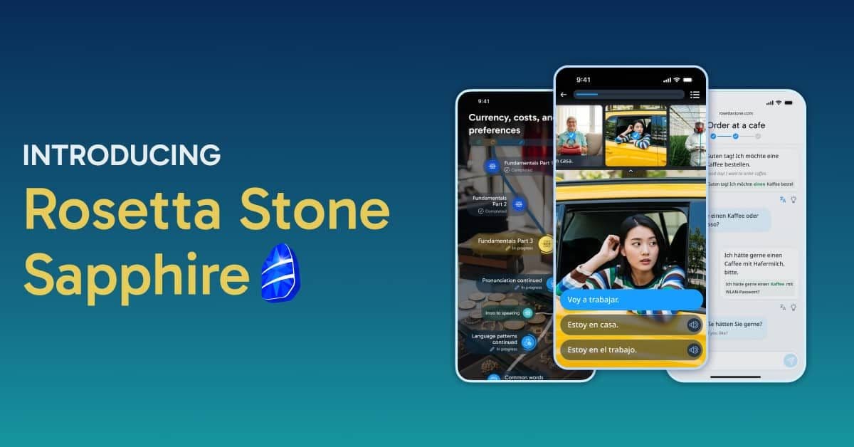Introducing Rosetta Stone Sapphire text next to several app screenshots