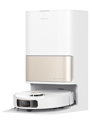 White robot vacuum with a tall self-emptying dock, featuring a gold accent panel on the front, parked in its charging base.