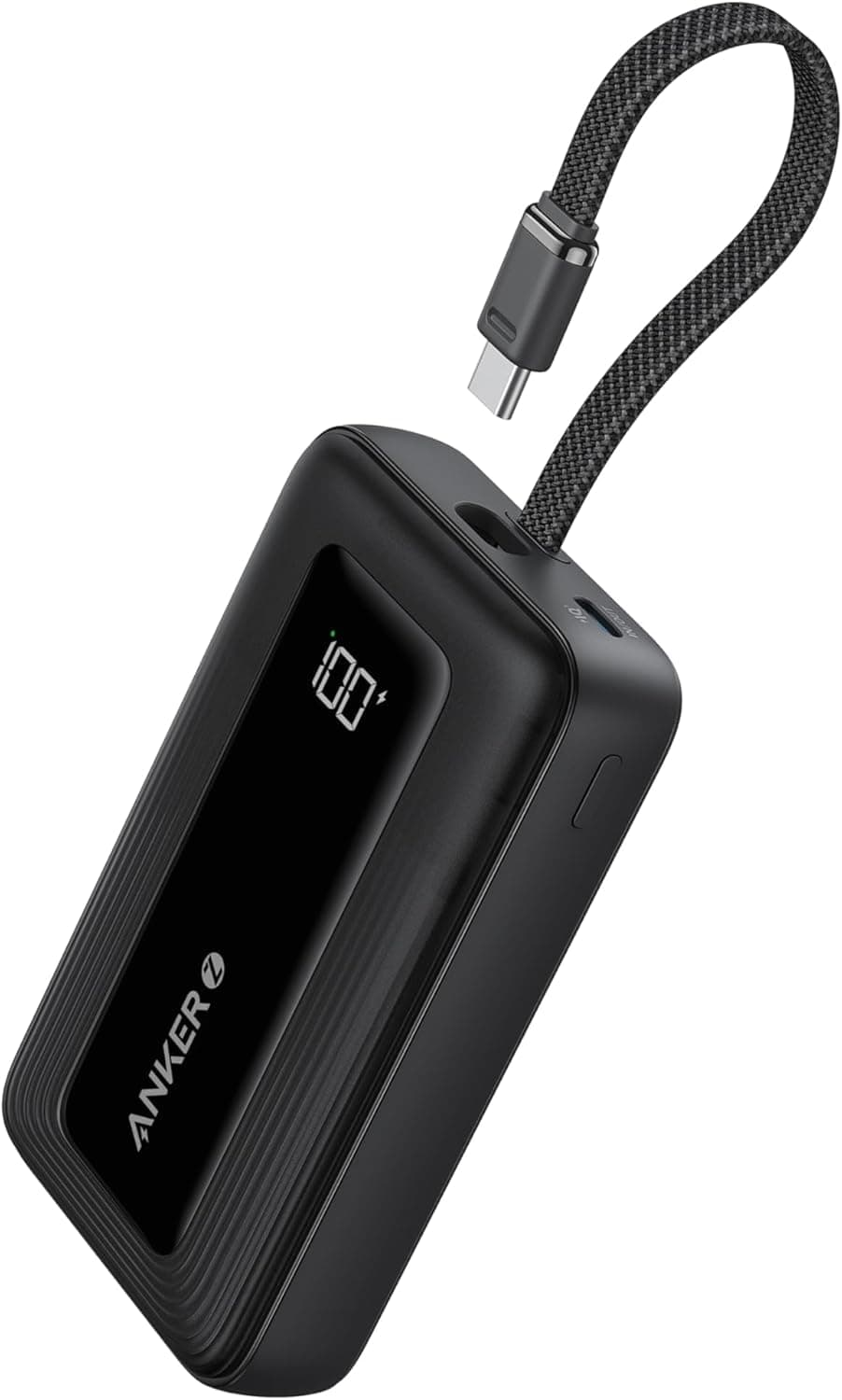 An Anker power bank with a charging cable attached