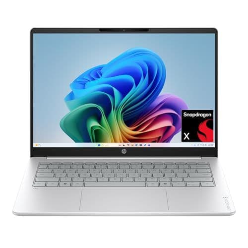 Open HP laptop in silver with a colorful ribbon design on the screen, shown against a white background.