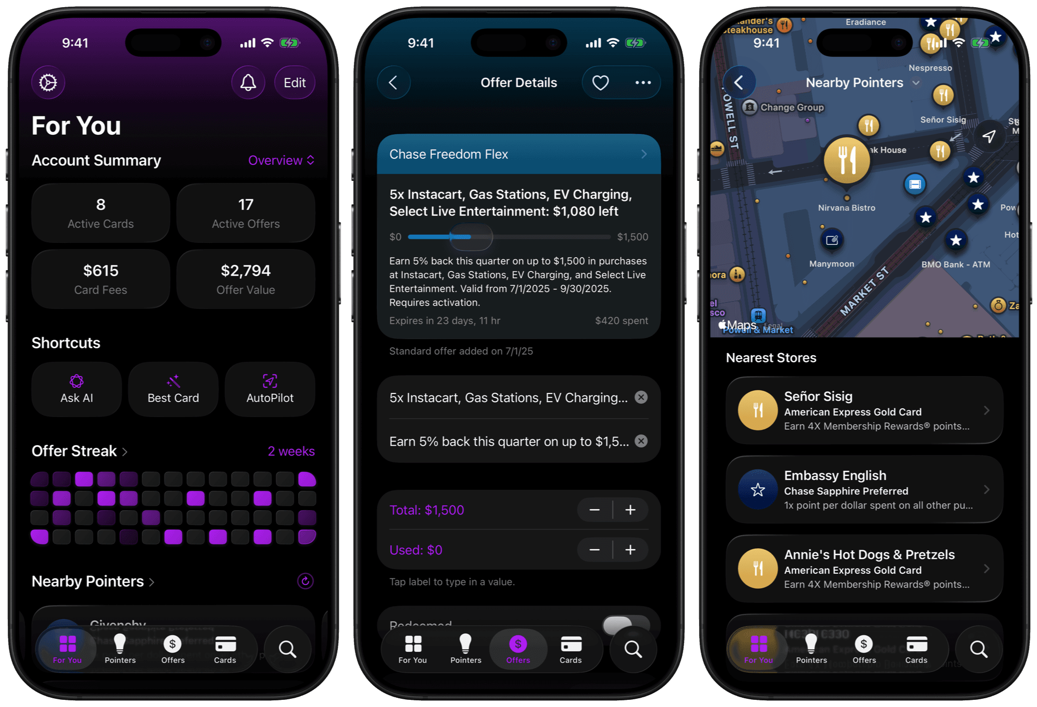 Three screenshots that show the account summary, offer details, and location-based features of the CardPointers app.