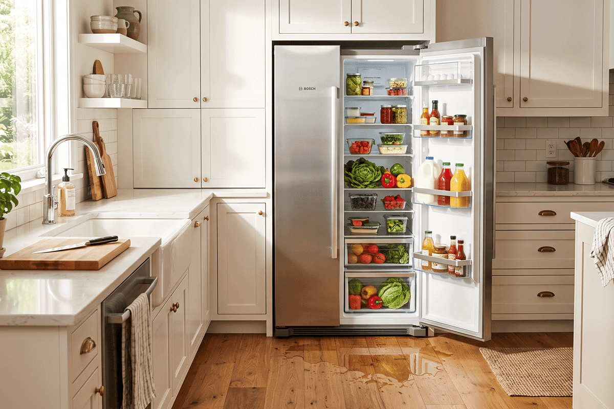 An open refrigerator in a nice kitchen with a puddle of water on the floor in front of it.
