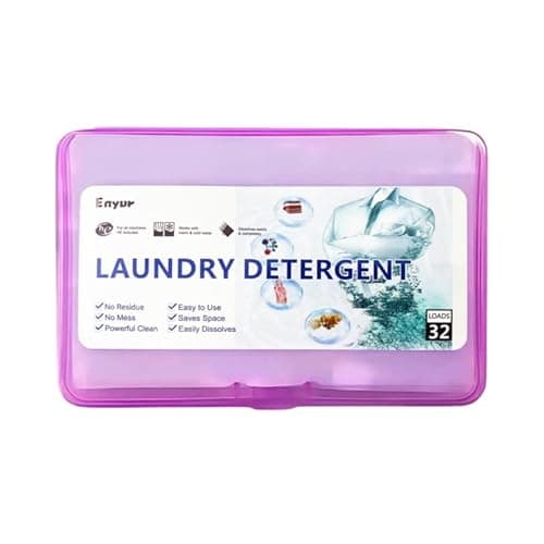 A translucent purple travel case of Enyur laundry detergent sheets, labeled for 32 loads.